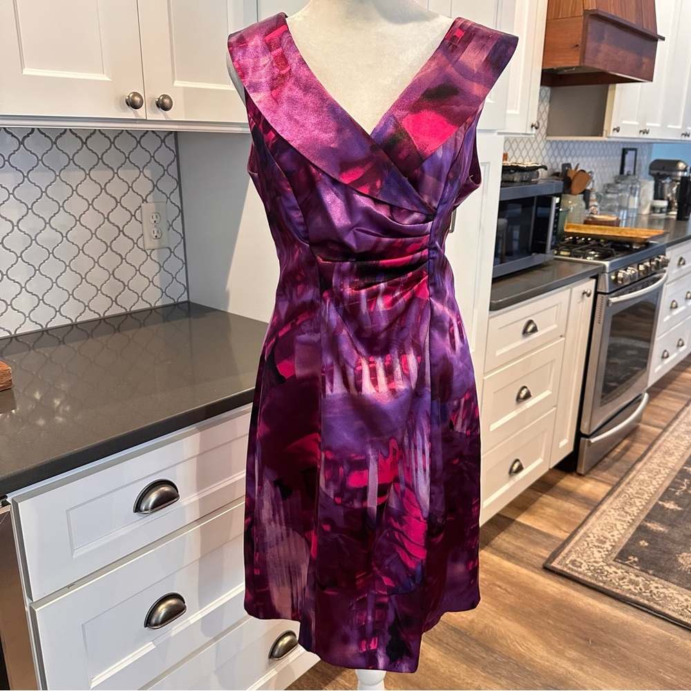 Connected Apparel Vibrant Purple Watercolor Satin A-Line Dress 12 Midi Formal - Picture 1 of 14